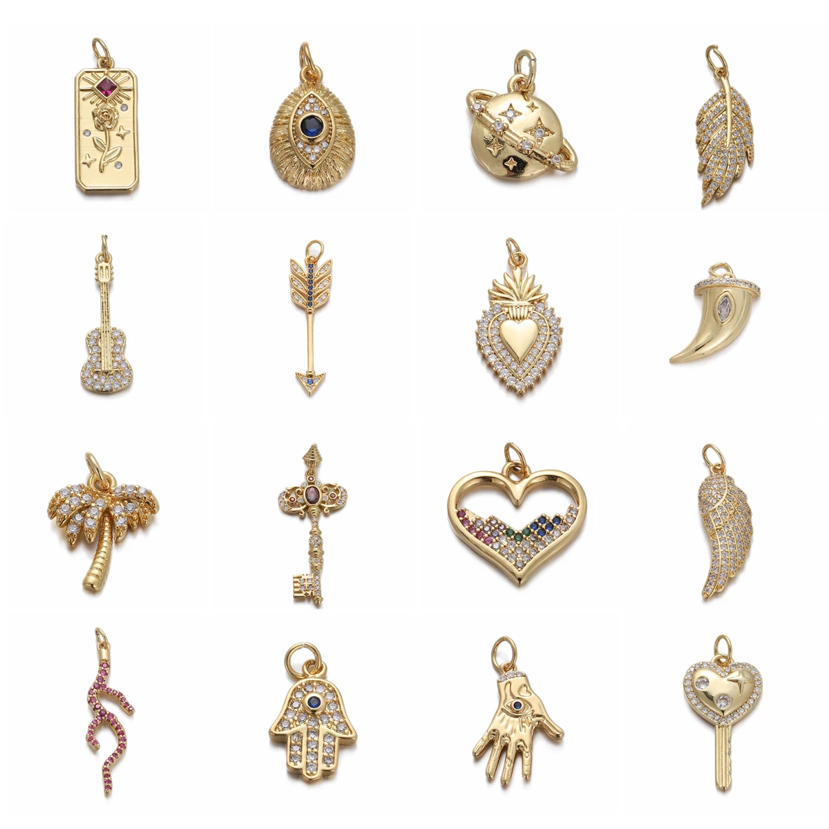 Mix Style Evil Eye Leaf Wing Zircon Charms for Jewelry Making Crystal Gold Color Charms Necklace Bracelet Christmas Earrings DIY