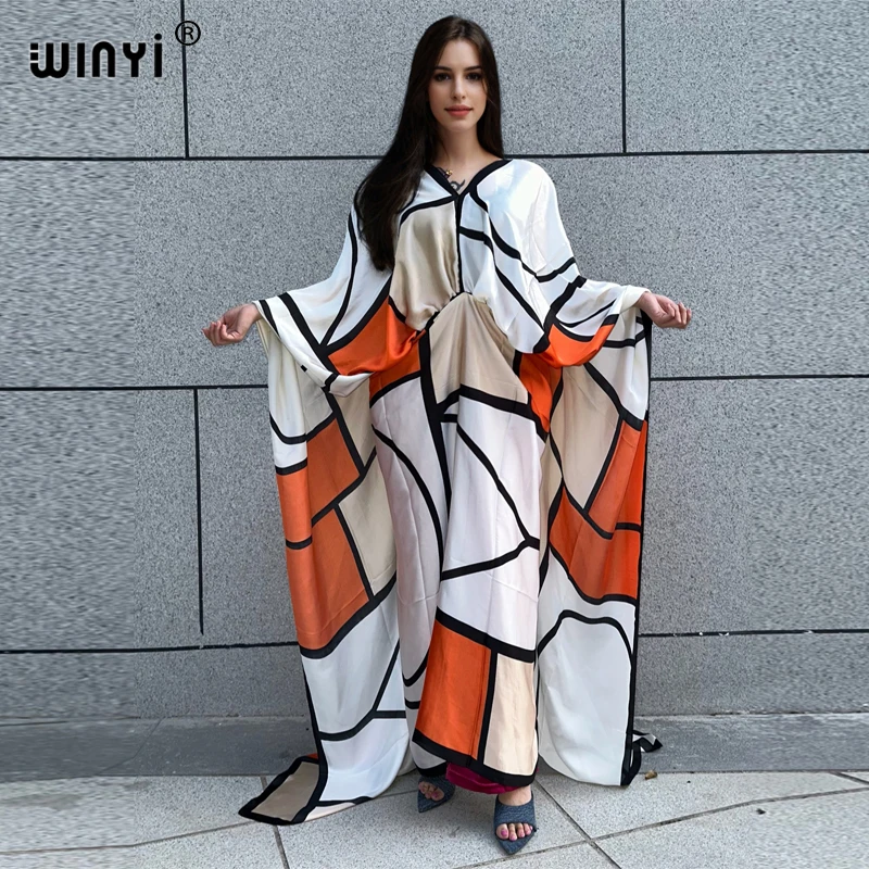 WINYI Geometric boho print beach Cover Up Women beach wear women 2024 Sexy V-neck Dresses Summer Woman Clothes Cloak dress