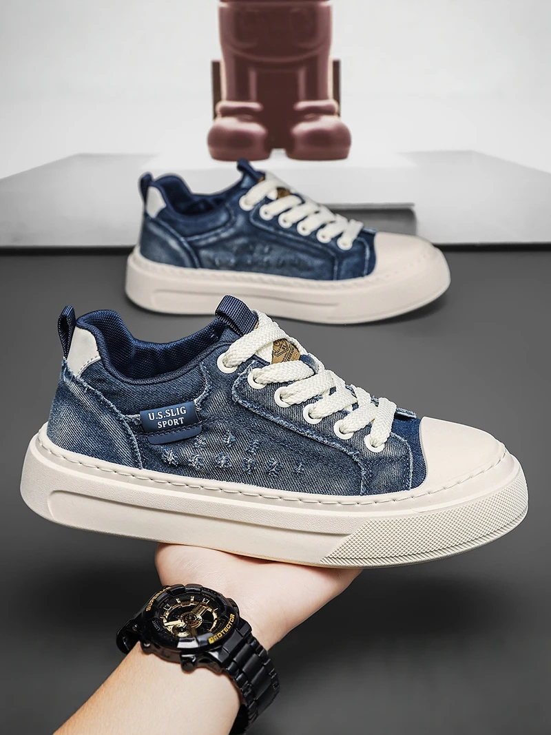

Men's Summer Anti-Slip Wear-Resistant Canvas Shoes Youth Thick Bottom Heightening Lightweight Versatile Casual Washed Denim B...
