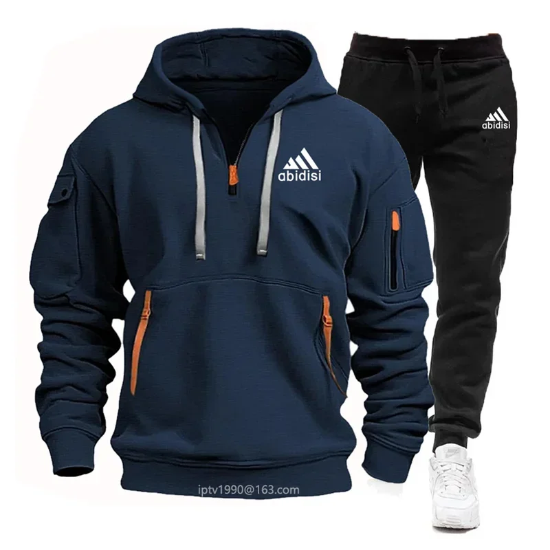 New men\'s tracksuit zipper hood multi-pocket and protective pants casual jogging tracksuit fall/winter 2-piece set