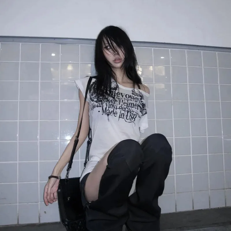 Y2k الجمالية مثير إلكتروني الطباعة تي شيرت غير رسمي المرأة انظر من خلال سليم صالح التي شيرت 2025 الصيف Harajuku الجرونج تي شيرت تقليدي