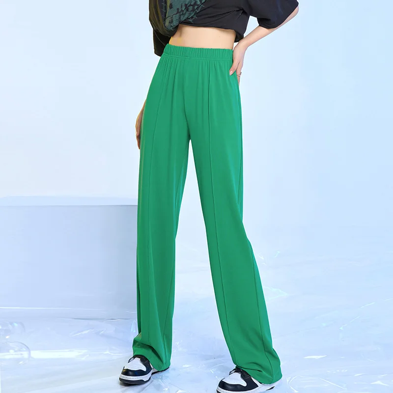 Fashion Ice Silk Wide Leg Pants Women'S Spring Summer Thin Korean New Pure Color Straight Tube Casual Vertical Knitted Trousers