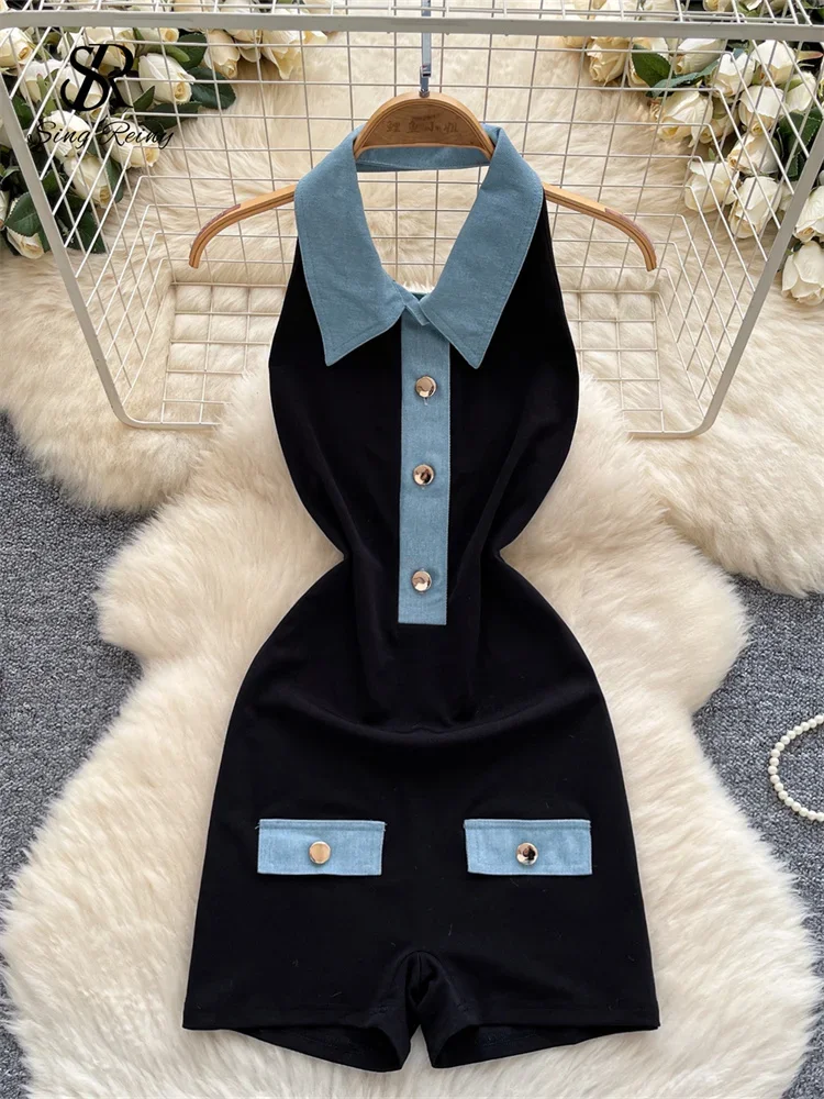 

SINGREINY 2025 Summer Sexy Backless Playsuits Polo Halter Denim Splice Buttons Design Women Fashion Vintage Streetwear Playsuits