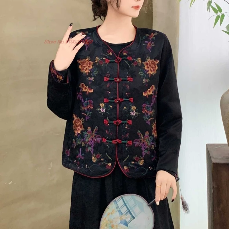 

2025 national flower embroidery vintage coat chinese improved hanfu tops traditional cotton-padded jacket satin jacquard coat