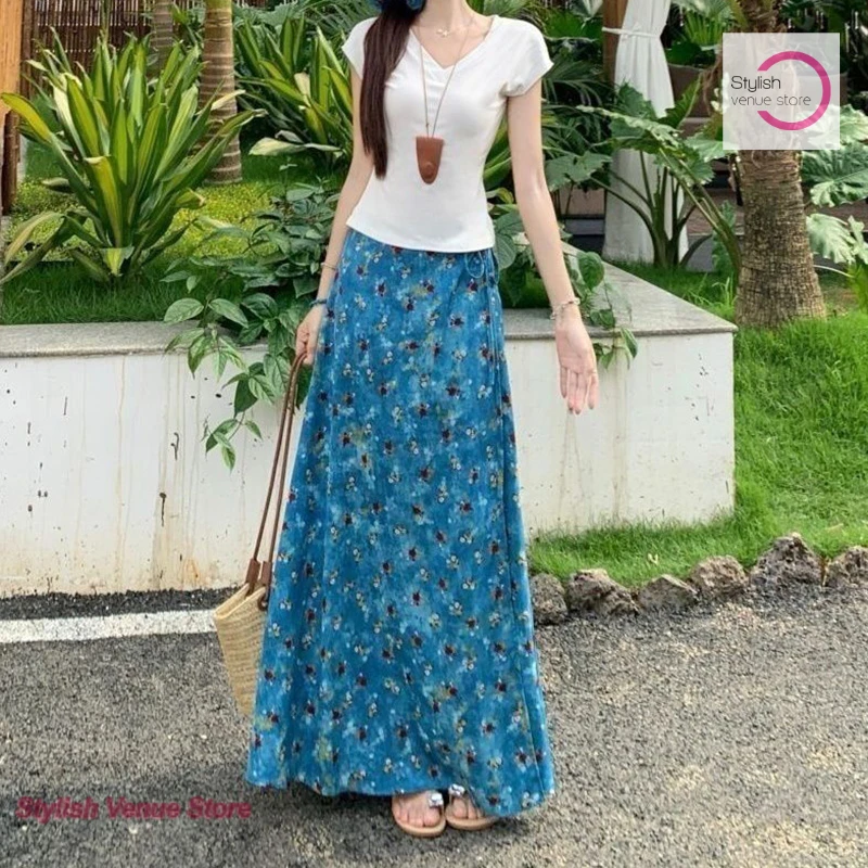 Korean blue oil painting floral skirt female summer high waist one-piece A-shaped big swing skirt French loose gentle dress