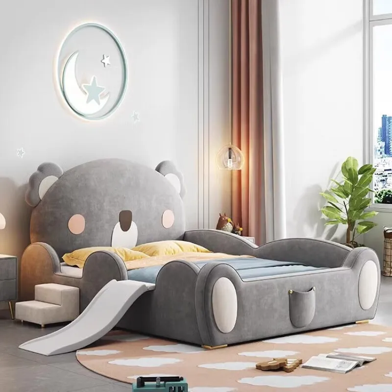 

Solid Wood Children's Bed Boy Girls Princess Brown Bear Slide Bed Light Luxury Single With Guardrail Anti-fall Bedroom Furniture