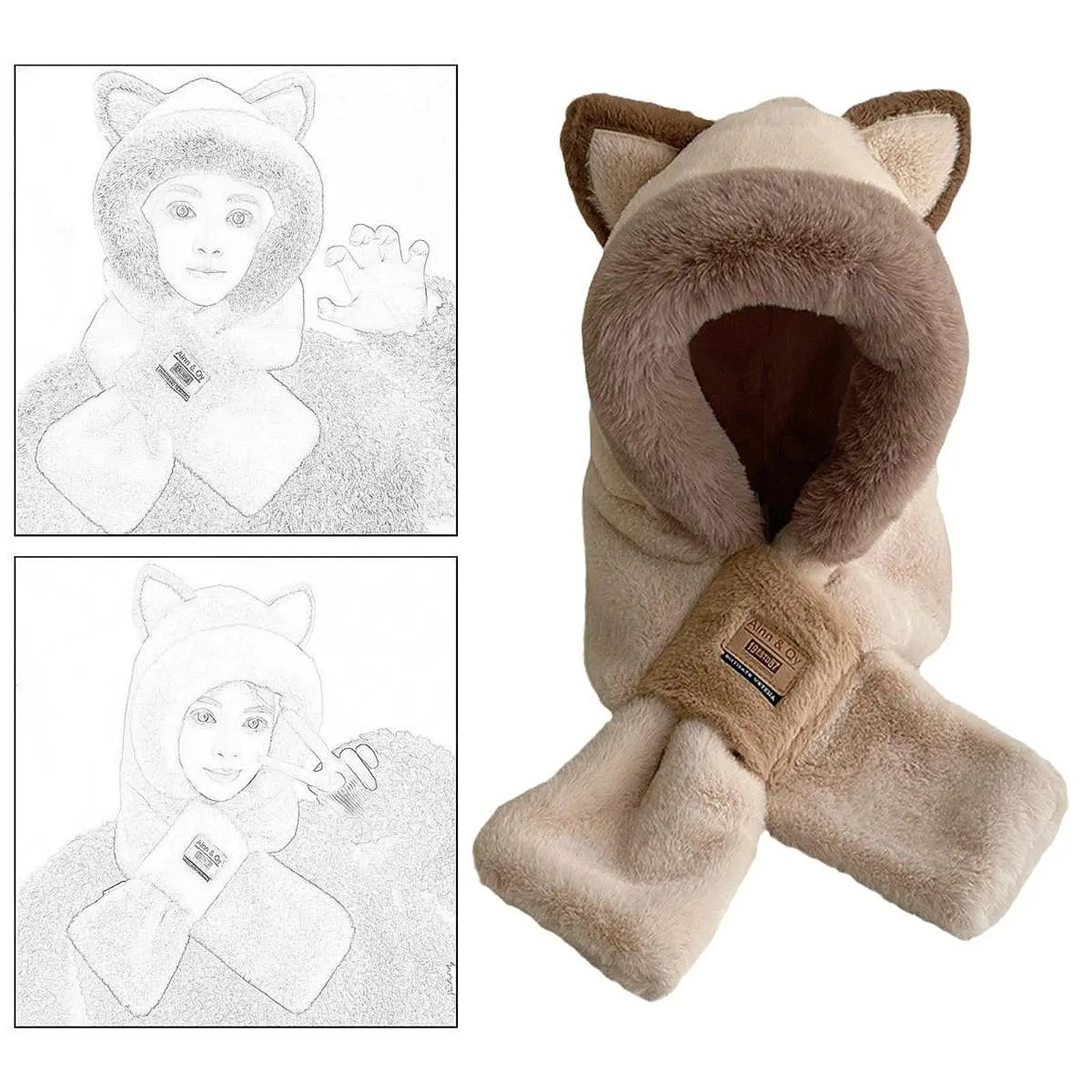 Womens Hood Scarf Neck Warmer Hooded Scarf Windproof Funny Plush Animals Hat