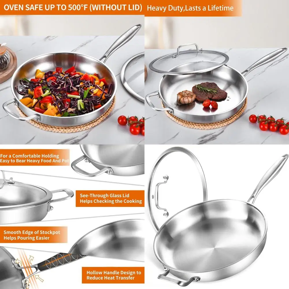 

14-Inch Heavy-Duty Stainless Steel Pan with Lid, Induction Compatible, Oven and Dishwasher Safe, Fast Even Heating Skillet up to