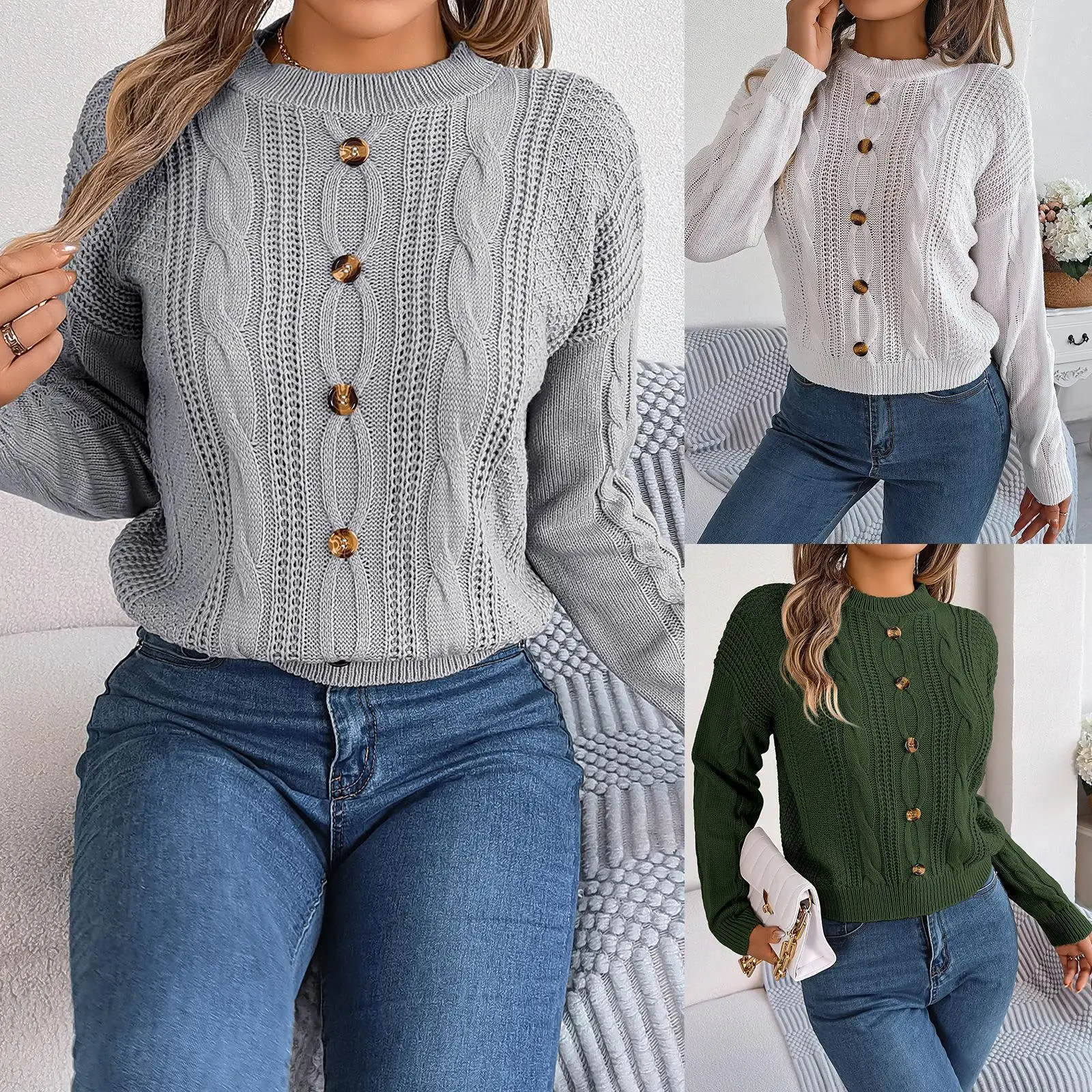 

Casual Autumn Winter Long Sve Overhead Sweater Pure Color Button Twist Independent Station Cross Border Women's Faion