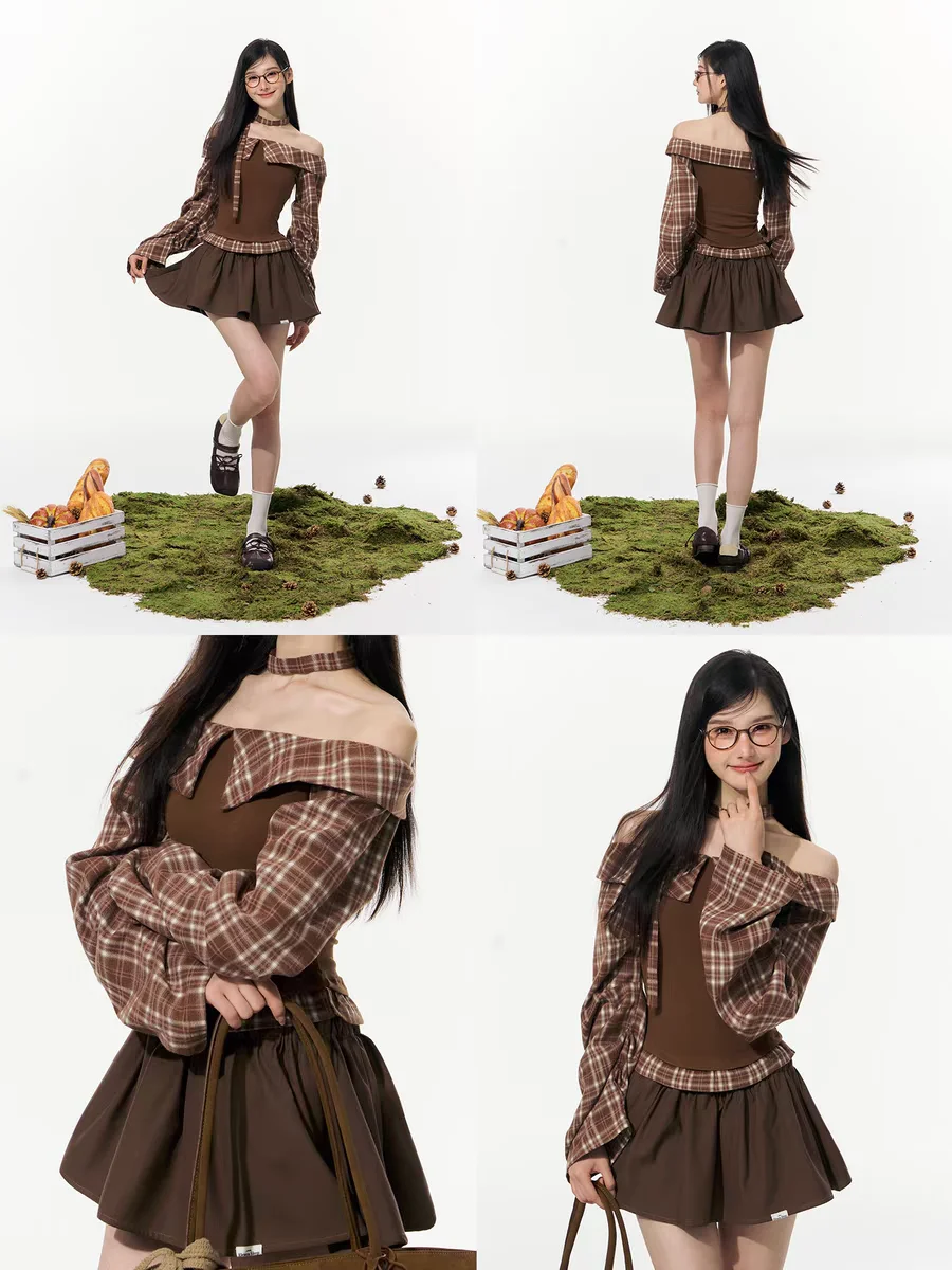 Autume Gothic Vintage Elegant 2 Piece Sets Women Y2k Slash Neck Design Blouse + Chic Skirt Female Plaid Korean Popular Clothes image 4