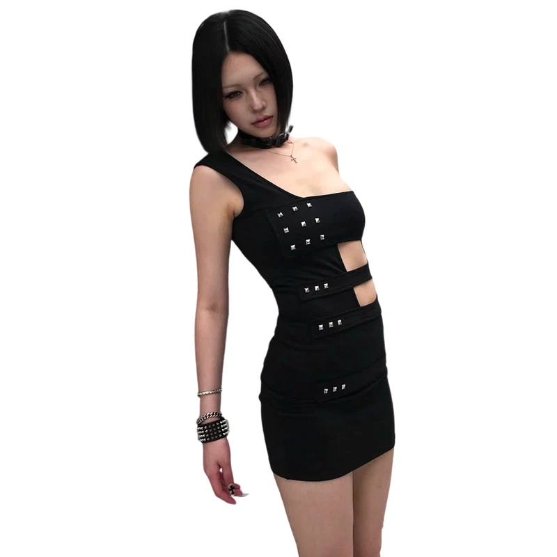 Weird Puss Kleid mit Kunstnieten-Dekoration, Damen, taillenlos, unregelmäßiger Kragen, ärmellos, Sommermode, Midnight Sexy Hottie, figurbetont – Detail 2