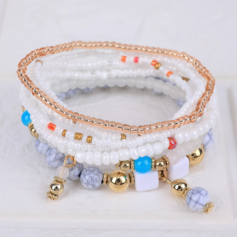 8Pcs Bohemia Rice Beads Bracelet Set For Women Summer Colorful Handmade Elastic Chain Bangle Men DIY Jewelry Accessories