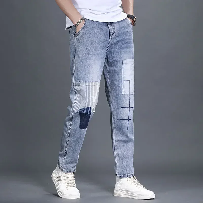 Celana Koboi Pria Pakaian Kerja Slim Fit Skinny dengan Saku Celana Jeans Pria Pipa Ketat Pakaian Musim Gugur Katun Kpop Retro Xs
