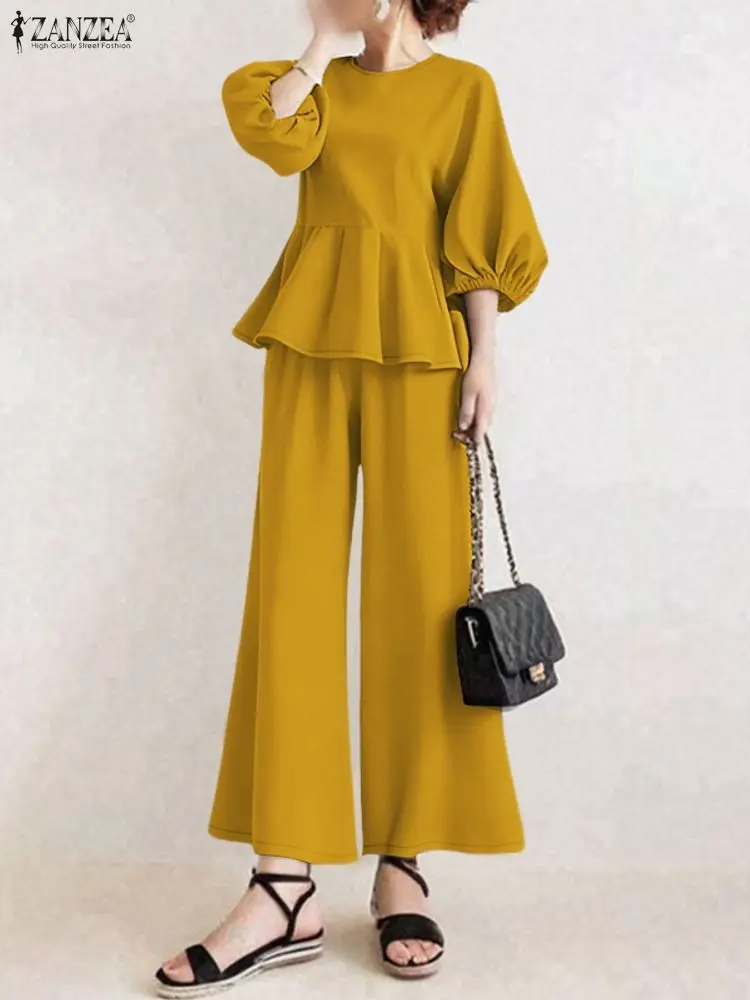 

Women Pant Sets ZANZEA 2026 Spring Office Matching Sets Elegant 3/4 Lantern Sleeve Blouse Trousers Stylish Solid Work Outfits