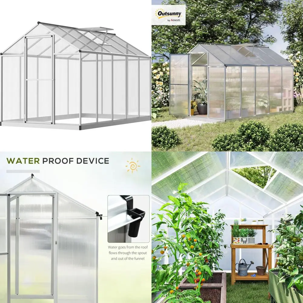 

Walk-in Greenhouse 10x6ft Outdoor Polycarbonate with Rain Gutter and Roof Vent