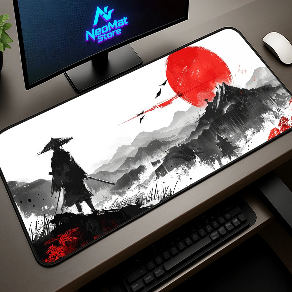 Monte fuji mousepad samurai acessórios de mesa grande tapete de computador preto e branco mouse pad antiderrapante teclado anime