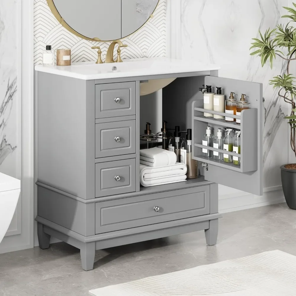 30インチの洗面台付きバスルームキャビネット、多機能木製収納キャビネットオーガナイザー、ドアシェルフ、左側引き出し、ソフトクローズドア
