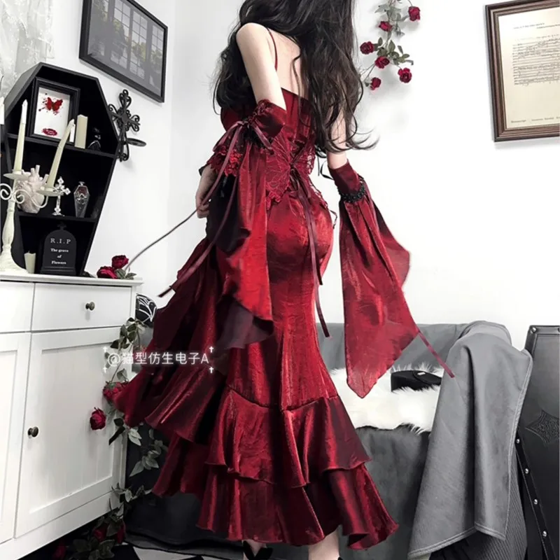 Red rose fish tail elegant royal sister dress