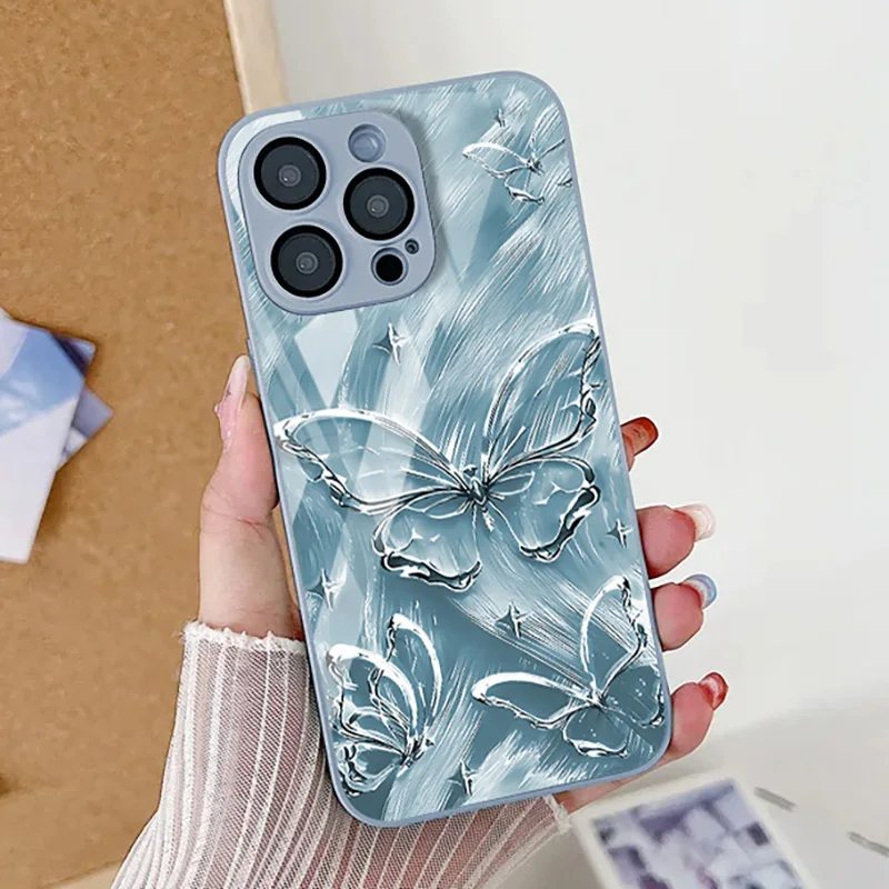 Blue Feather Tempered Glass Case For iPhone 14 Pro Max Case iPhone 13 15 12 11 X XS XR 7 8 SE Fundas Shockproof Protective Cover