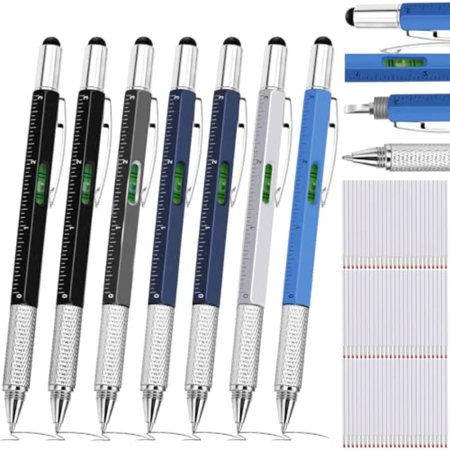 

8 Pcs 6 in 1 Multitool Pen Bulk Gift for Men Multi Tool Pen with Ruler Level Screwdriver Stylus Cool 20 Ink Refill Tool Gadget