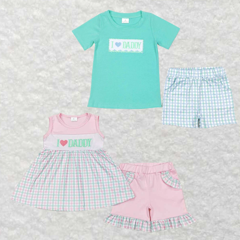 

Wholesale hot sale for Baby Girls and Boys Clothes embroidered monogram short sleeve blue, green and white checked shorts suit