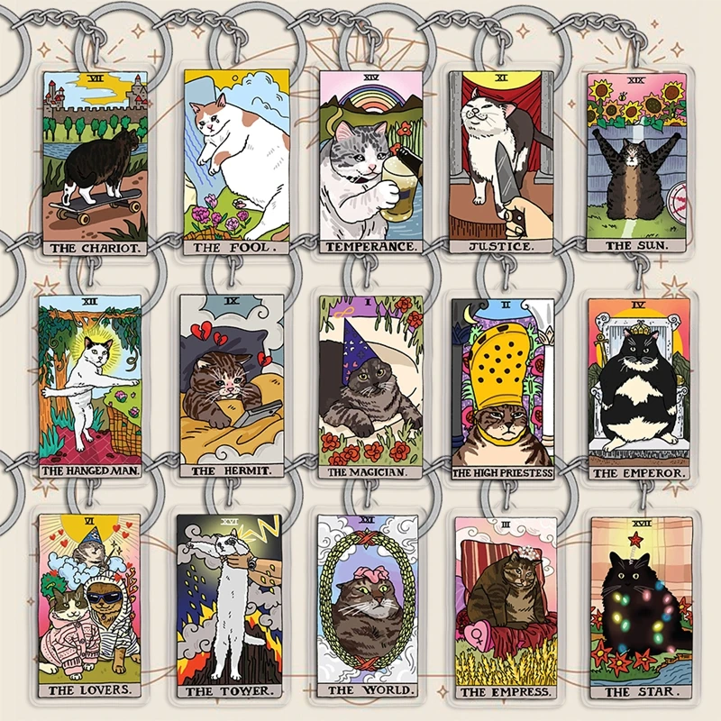 Hot Creative Tarot Cat Meme Keychain Sad Cat Meme Cartoon Acrylic Pendant Car Key Chain Bag Charm Funny Jewelry Gift for Friends