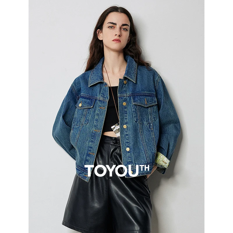 TOYOUTH Women Denim Jacket 2024 Autumn New Jacquard Long Sleeve Button Closure Flap Pockets Stone Washed Jacket Coat