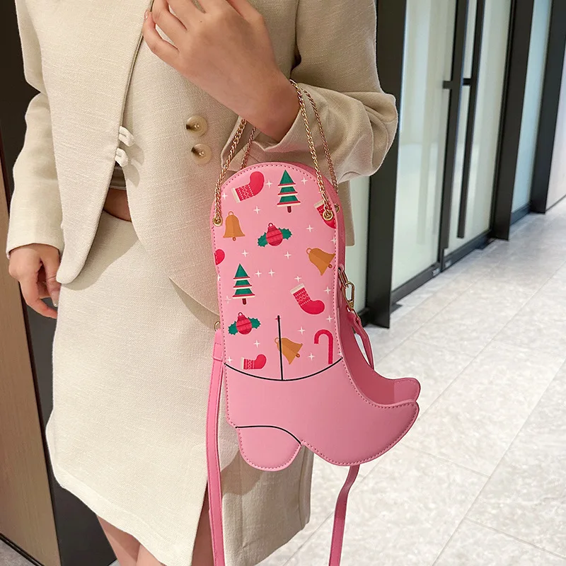 Christmas Heel Shoes Bags for Women 2023 New Quirky High Cute Cartoon Printing Crossbody Bag Fashion Leather Female Shoulder Bag