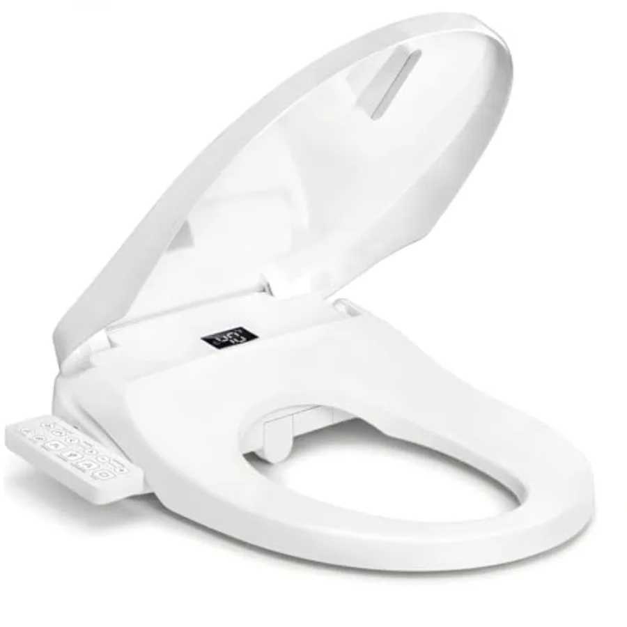 

Electric bidet toilet seat for elongated toilets, stainless steel finish, white, heated seat with instant warm water, multiple