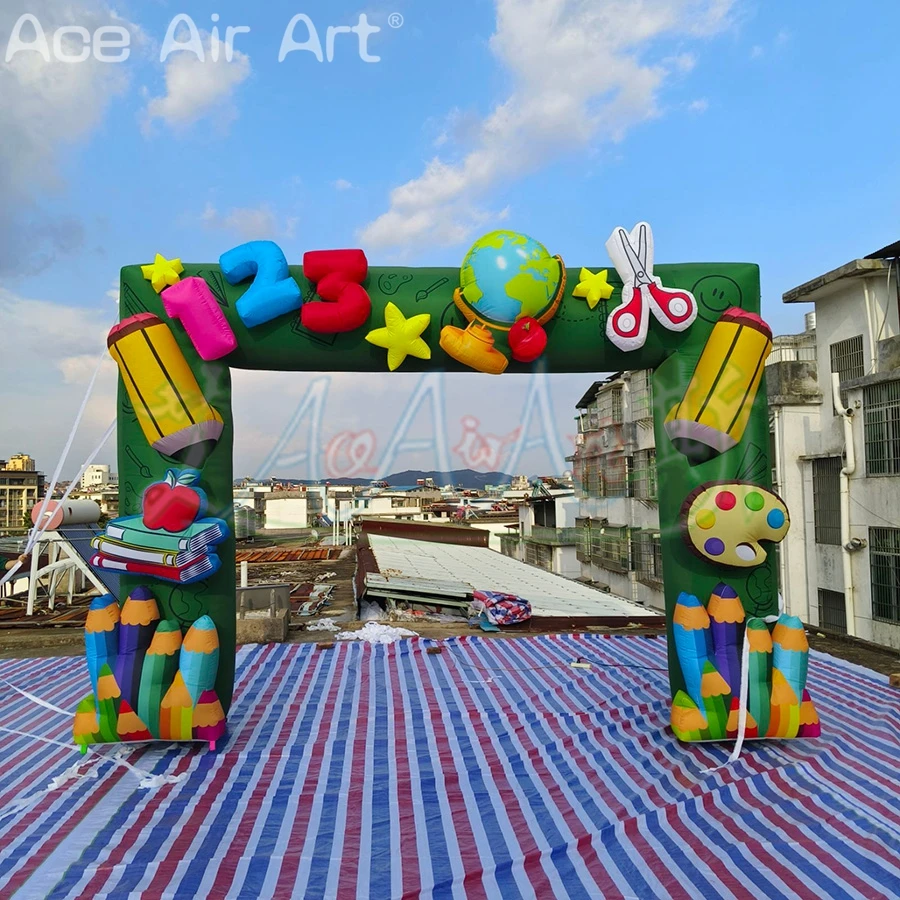 Arco de lápis verde inflável impresso personalizado, decoração de portão de loja de papelaria, portão de sinal 3d com elemento de aprendizagem