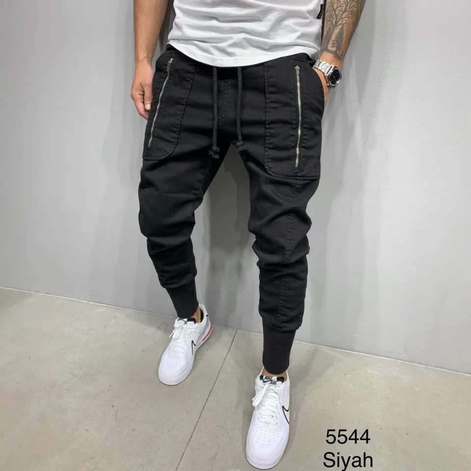 Men's Sports Zipper Patch Pocket Drawstring Elastic Slim Pants Casual Outdoor Running Breathable Small Foot Pants