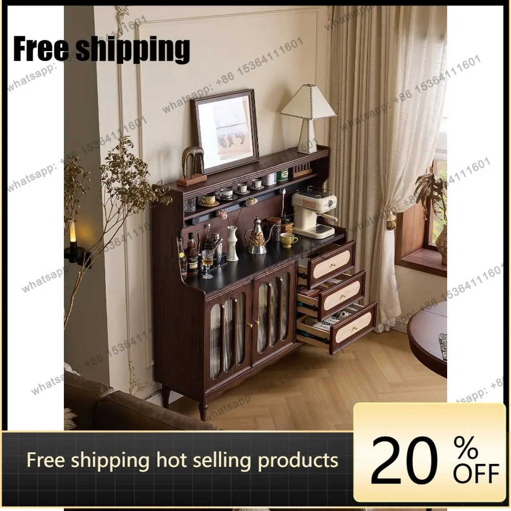 LD French medieval solid wood dining side cabinet rock slab countertop retro multi-functional tea cabinet