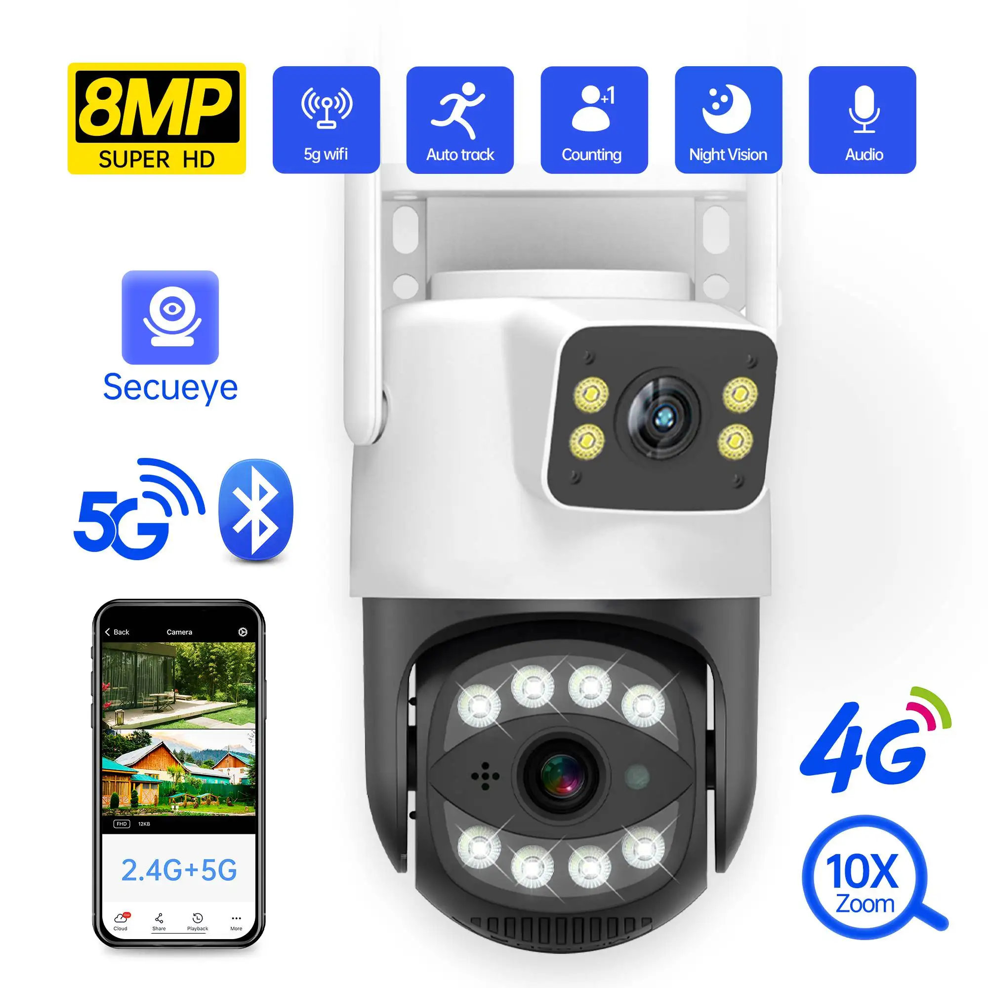 camera 4g com cartao sim 6mp 3k tela dupla lente dupla 24 58g wi fi ip ambiente externo a prova dagua ptz cctv protecao de seguranca 01