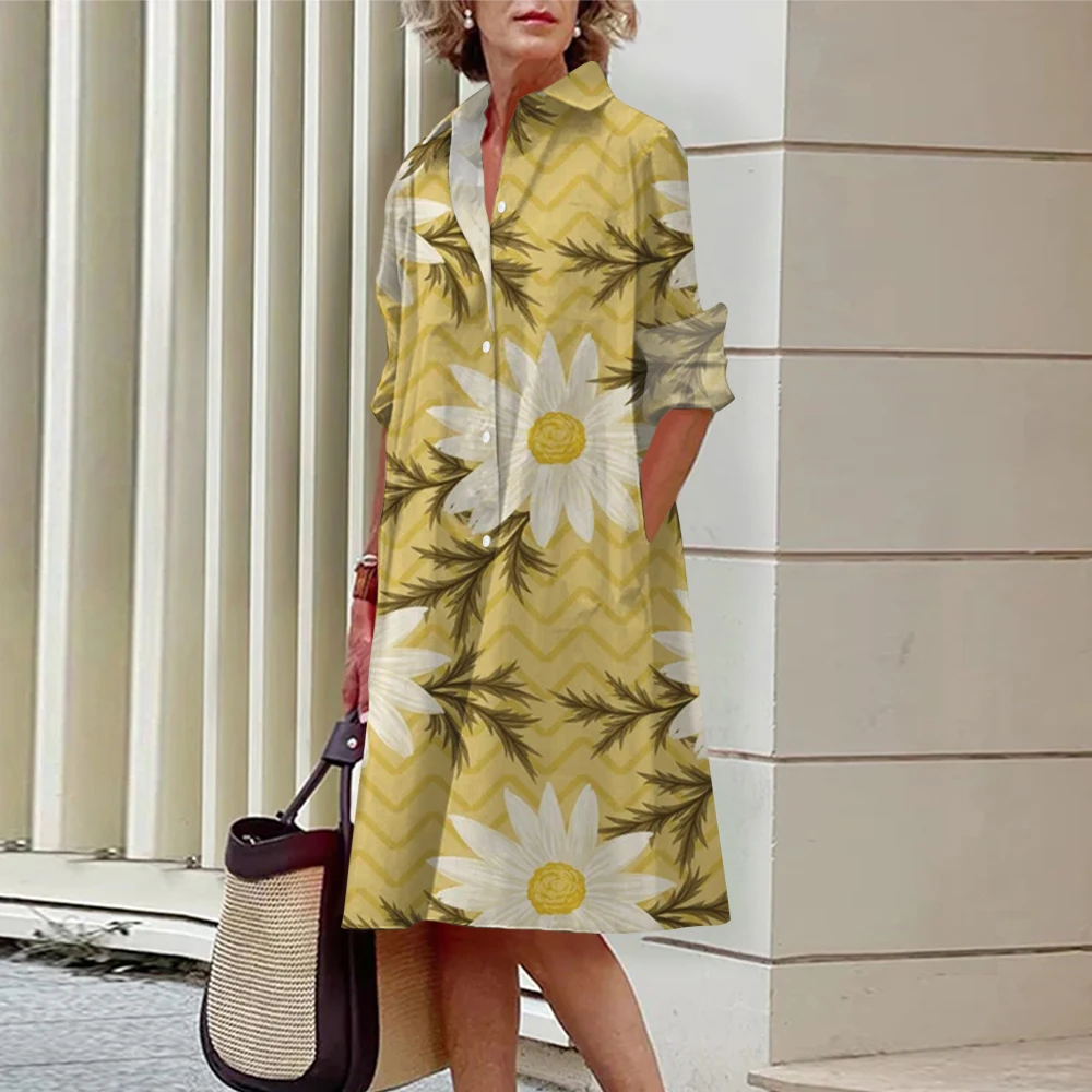 Women's Lapel Long-Sleeved Shirt Dress Knee-Length Skirt Small Daisy Print Elegant Breathable Comfortable Spring And Summer