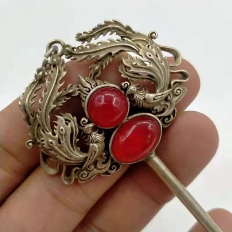

Antique Vintage Old Silver and White Copper Double Phoenix Hairpin Inlaid with Red and Green Gemstone Gift Collection