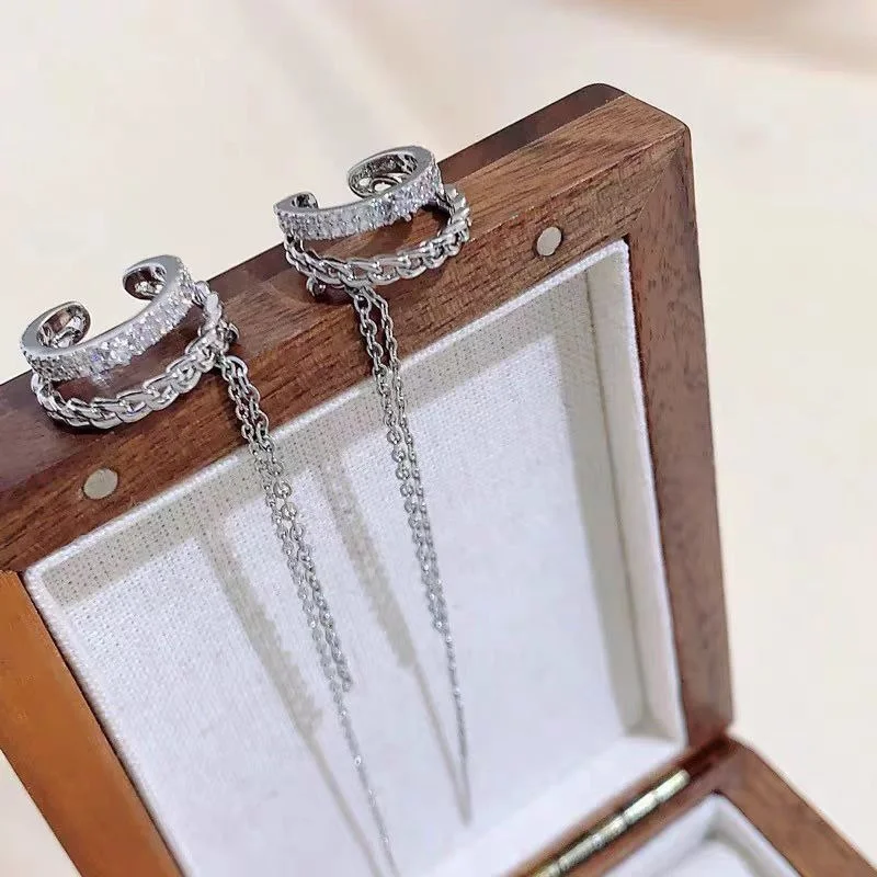 Silver Color Crystal Zircon Tassel Double-layer Chain Clip Earrings for Women Fine Jewelry Minimalist Accessories Wholesale