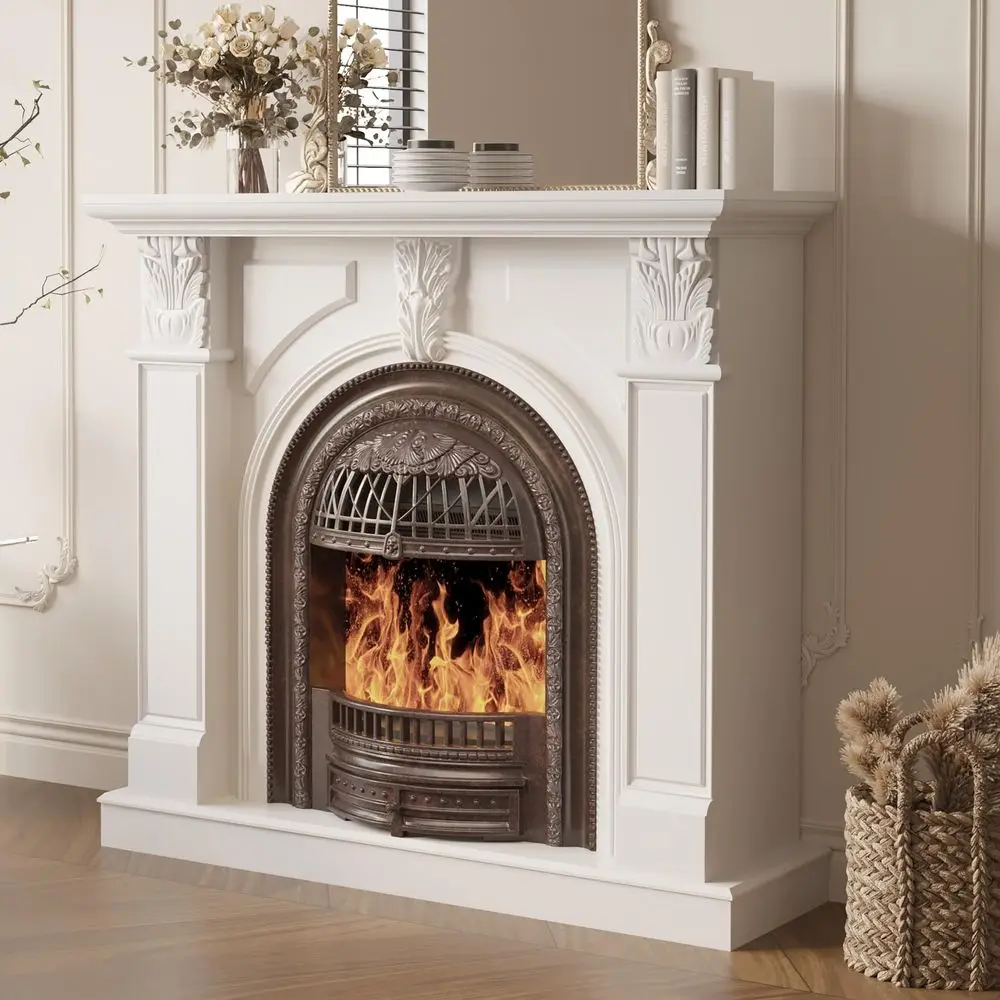 

48 Electric Fireplace with Mantel, Tv Stand with Fire Place Heater and Carved Square Column Design Design for Living Room, 48 I