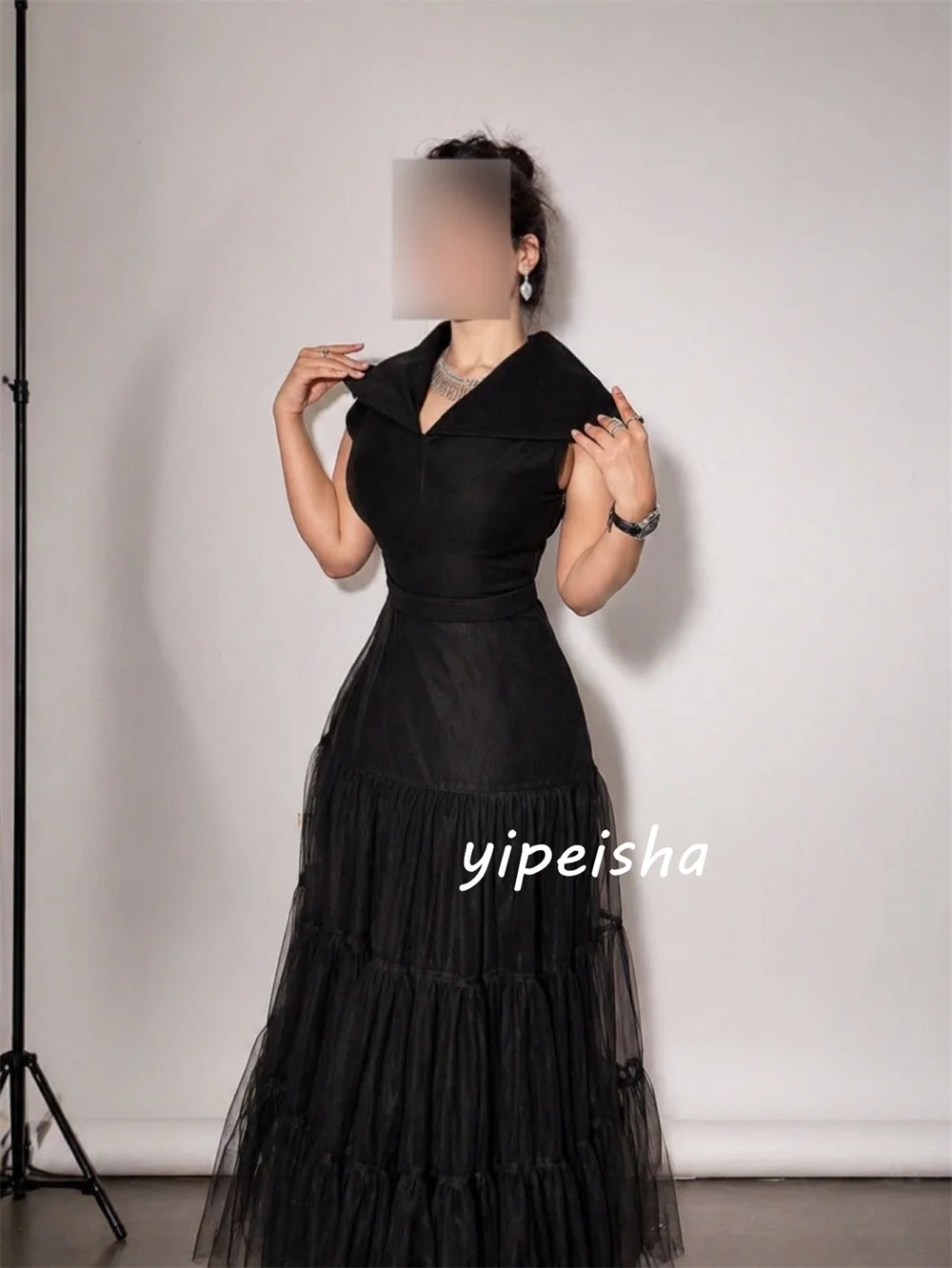 Customized Matching Elegant Tulle Pleat Ruched Draped A-line V-neck Long Dresses Evening Dresses Sizes Available High Quality