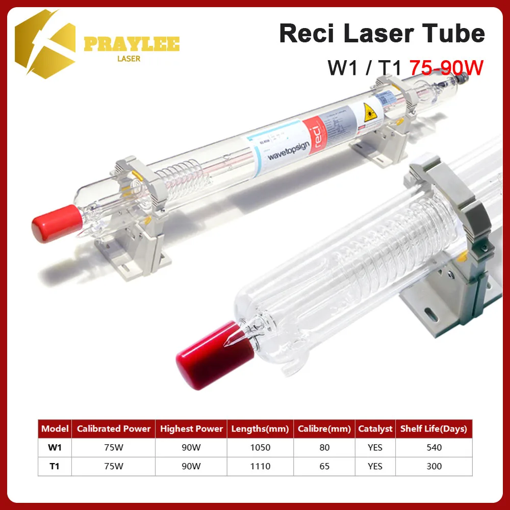 Reci CO2 Laser Tube W1 T1 75 Вт-90 Вт Диаметр стеклянной трубки CO2 Laser. 80 мм 65 мм деревянная коробка упаковка CO2 лазерная гравировальная машина для резки