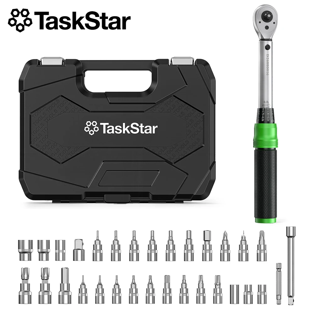 TaskStar 32 PCS 1/4 Inch Torque Wrench Set with Sockets 72-Tooth Ratchet Head Torque Wrench ±3% High Precision Dual-Direction Click Type for Bicycle Motorcycle Repair