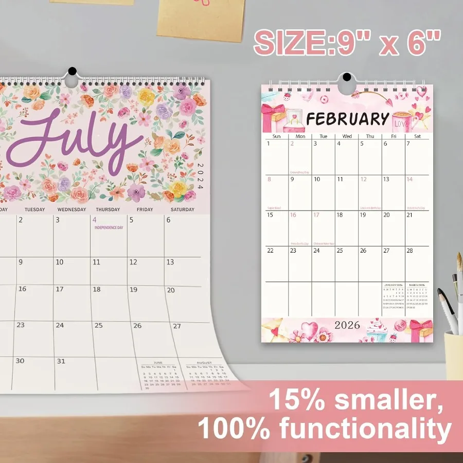Маленький настенный календарь на 2026202718 месяцев Мини-настольный настенный календарь работает с января 2026 до июня. 2027 Вертикальная ежемесячная заметка размером 6 x 9 дюймов