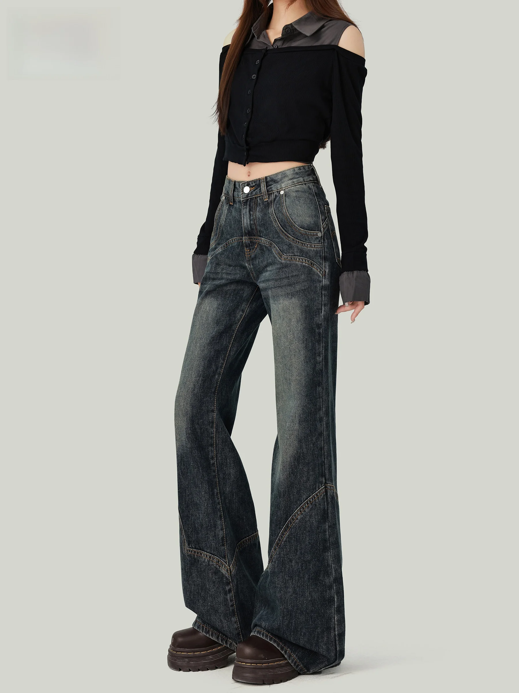 

Джинсы-клеш с высокой талией в американском стиле, женские, для создания эффекта стройности, винтажные, в пол, повседневные брюки