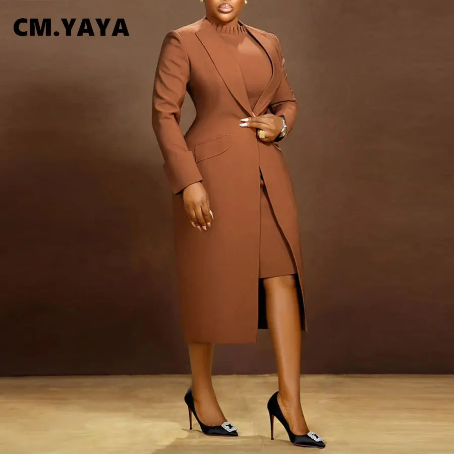 CM.YAYA Women's Set Full Sleeve Long Blazer Coat+ Long Dress Suit 2025 Winter Streetwear Two 2 Piece Set Africa OL Work Outfits