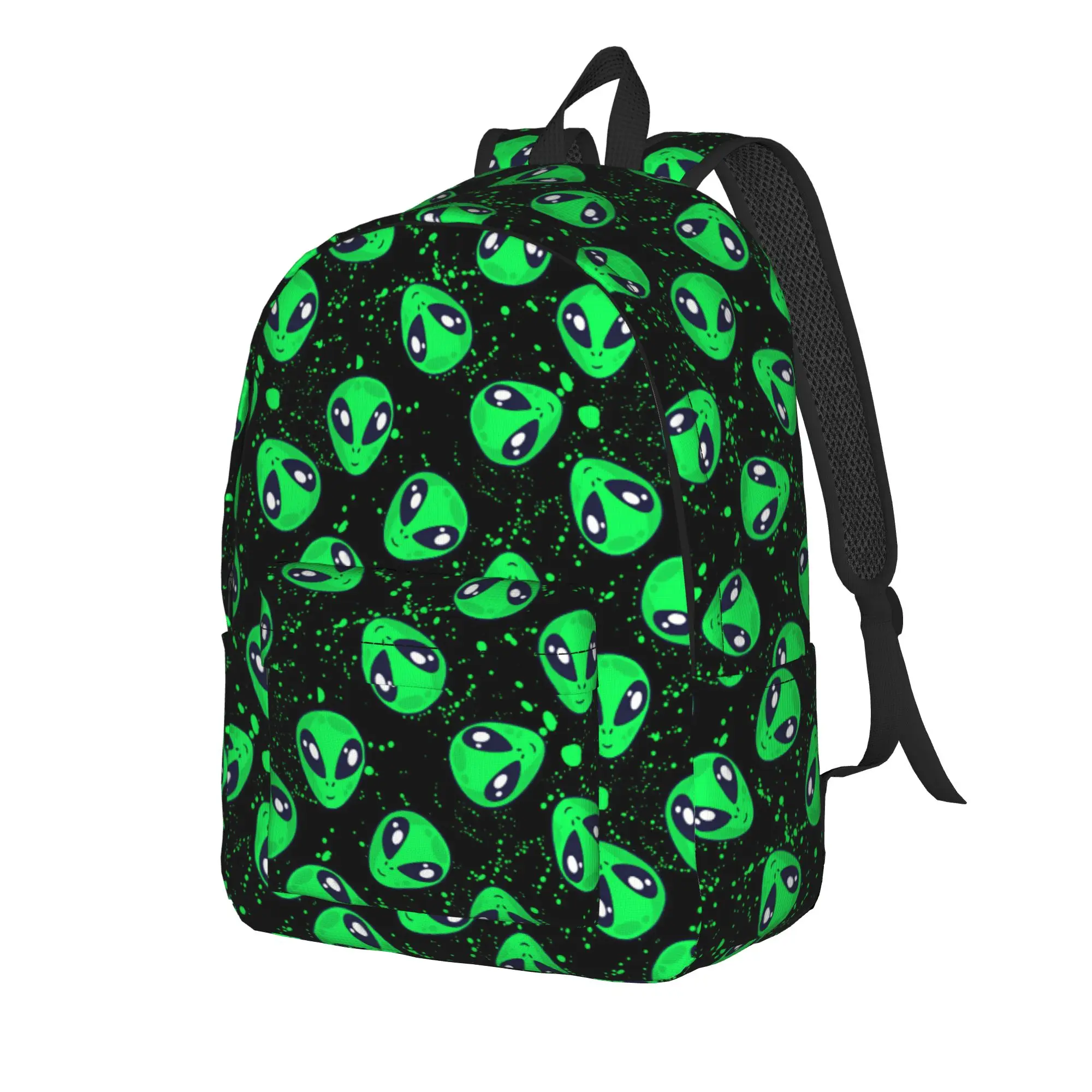 Glowing Green Alien Head Splash Dot Black Background Seamless Pattern Backpack  Workout Backpacks Youth Aesthetic School Bags