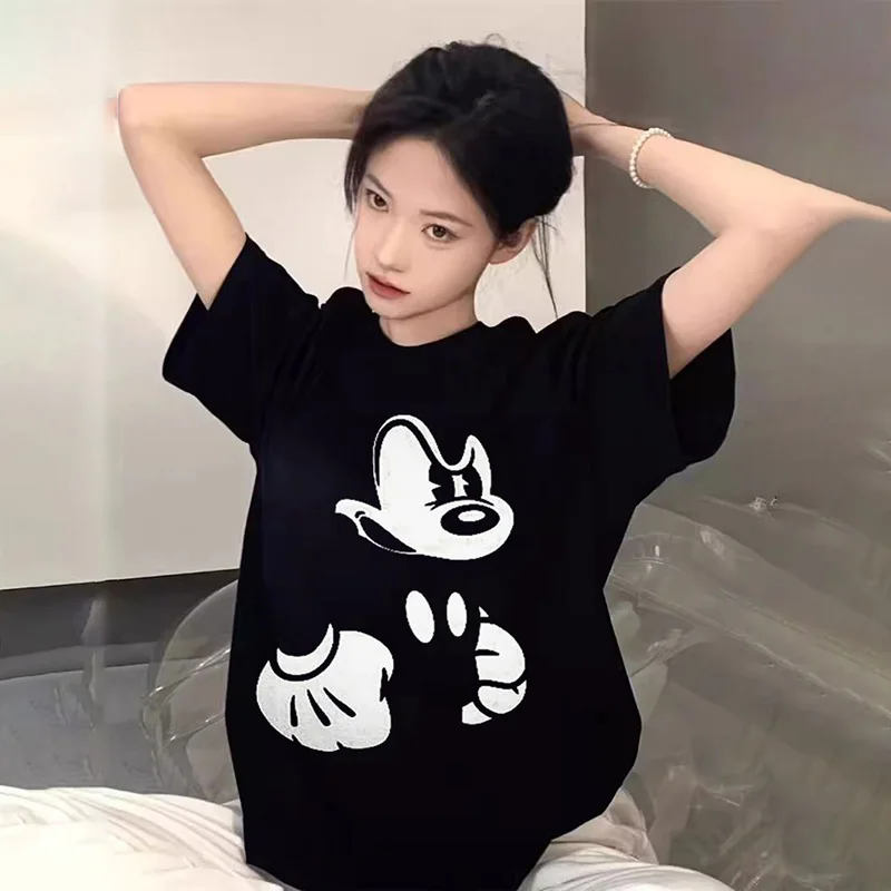 Cute Cartoon Mickey Mouse Tshirt Kawaii Retro Anime Loose Simple Oversize Cotton Coupleshort Sleeved Tshirt Toys for Girl Gifts