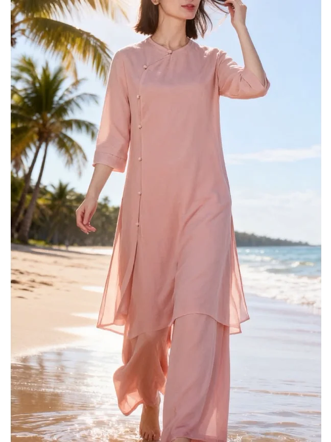 

Chic Silk Yoga Dancewear Set Women's Spring Summer Zen Style Practice Costume Asymmetrical Design Breathable Lightweight Casu...