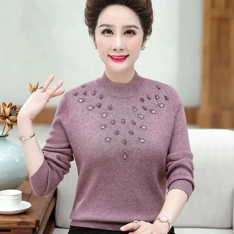 Fashion Stand Collar Knitted Beading Diamonds Sweaters Women's Clothing 2023 Winter Loose Casual Pullovers Commute Tops