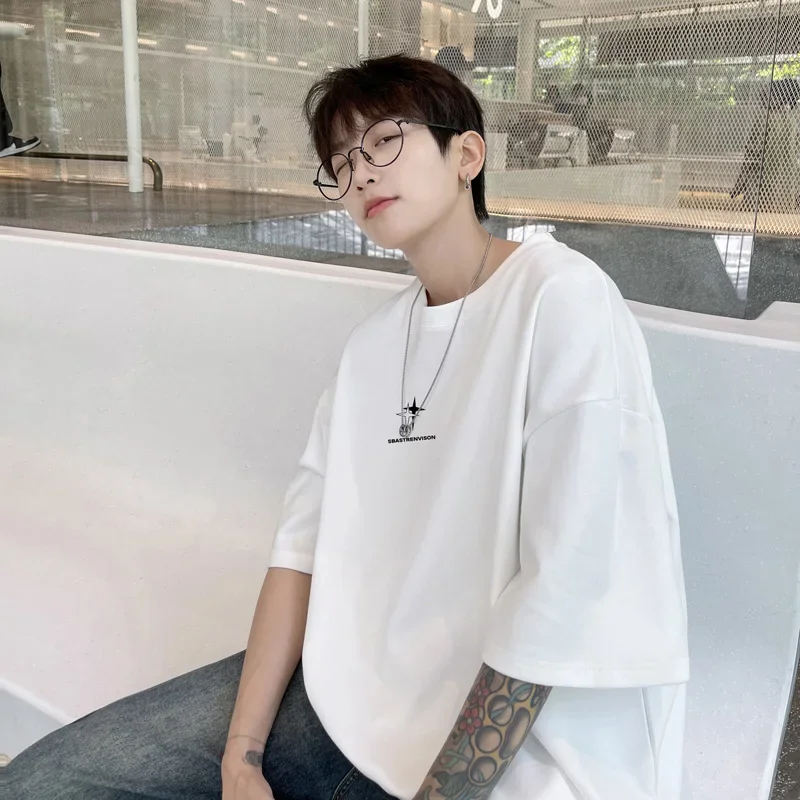 Men\'s Oversized T-shirts 5XL Fashion White Cotton T Shirt for Men Casual Summer Wear Star Print Tee Shirts Men Clothing