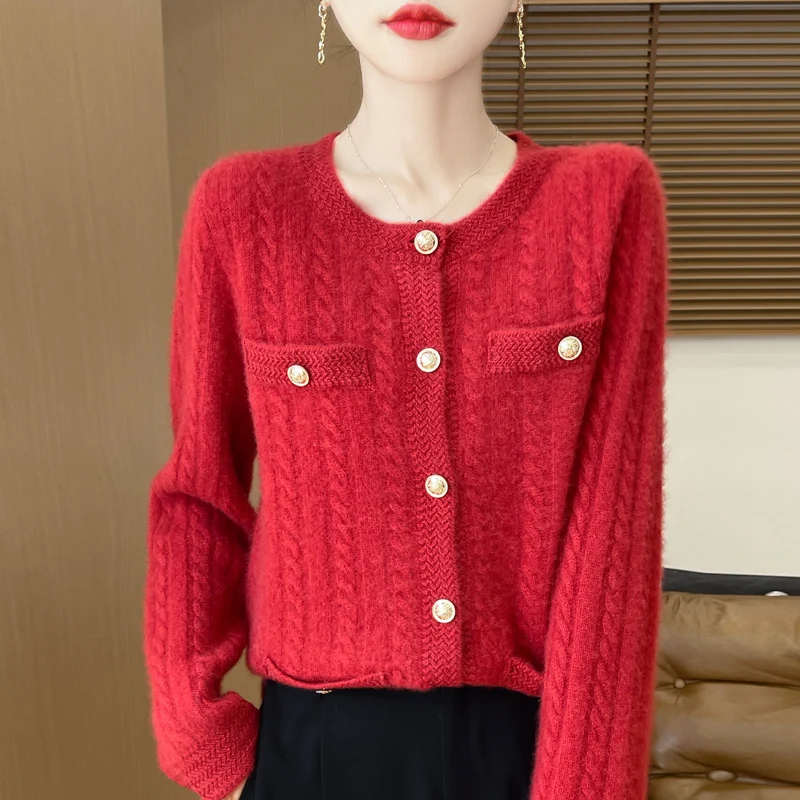 Women\'s Cardigan Autumn/Winter 100% Pure Wool Sweater Casual Knitted Sweater Round Neck Loose Tops All-match Button Blouse