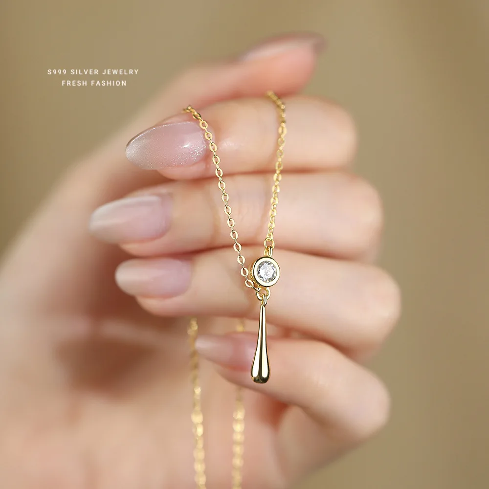

S999 Pure Silver Minimalist Teardrop Zircon Necklace Geometric Pendant Dainty Clavicle Chain Indie Luxury Design for Women